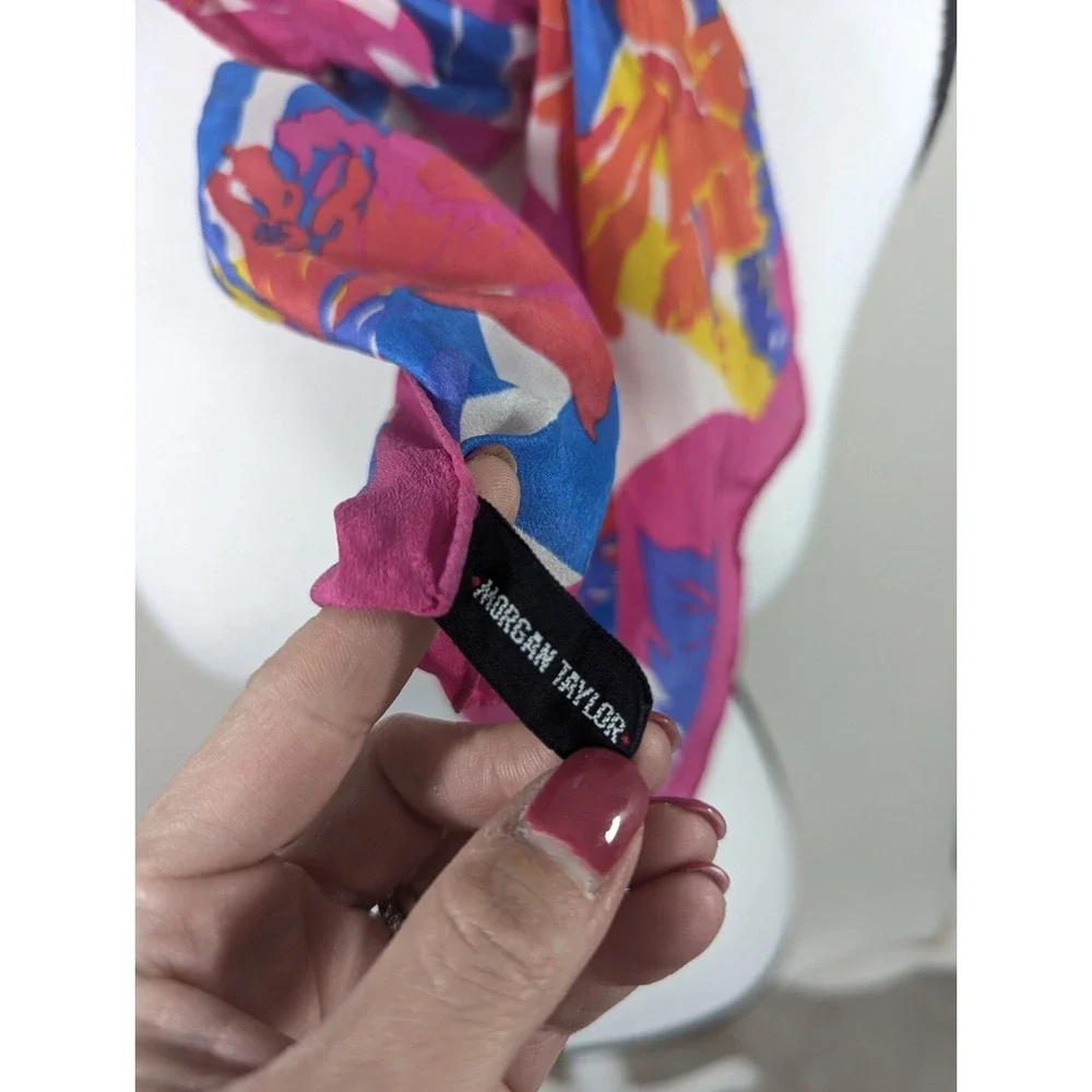 MORGAN TAYLOR Square Scarf Bright Pink Orange Blue‎ Yellow 29x31 Floral Silk